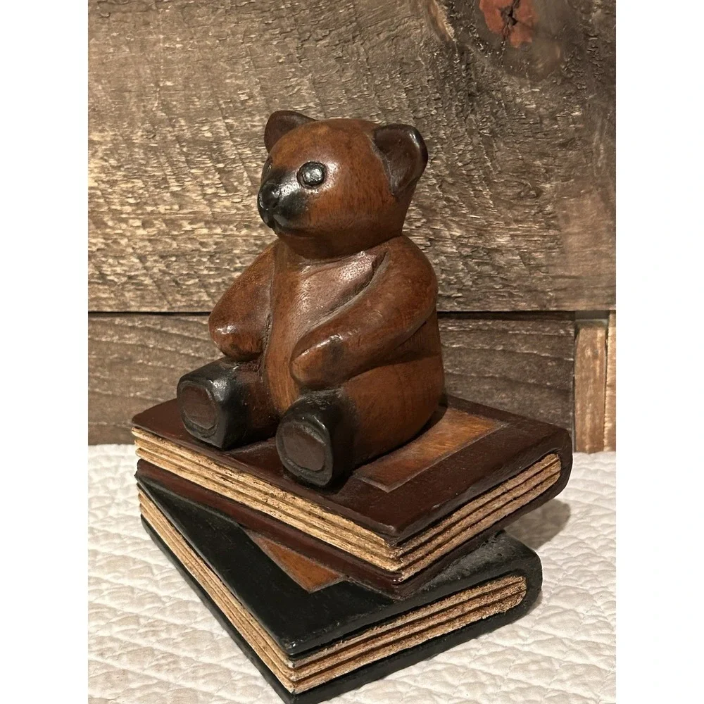 Vintage‎ Carved Wood Teddy Brown Bear Figurine on Books Nursery Paperweight